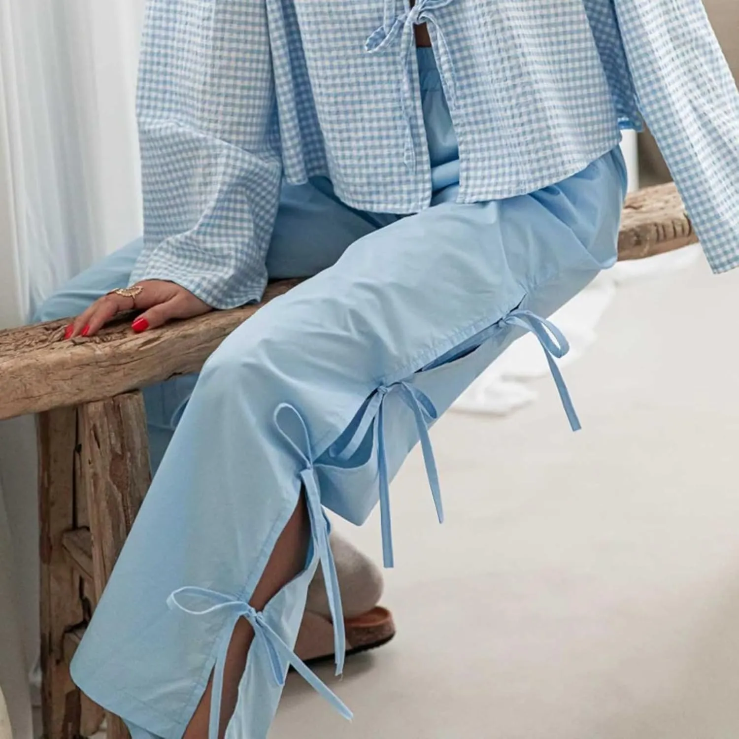 Womens Lounge Bowknot Tie Gingham Pajama Pants Preppy Plaid Sleep Pj Pants Cut Out Side Slit Aesthetic Long Pants
