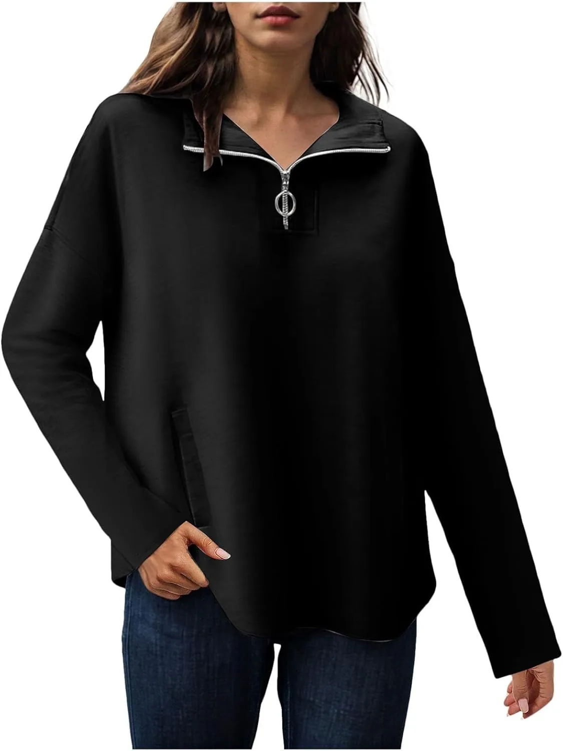 Women's Oversized Hoodies Casual Long Sleeve Half Zipper Pocket Sweatshirt Pullover Tops