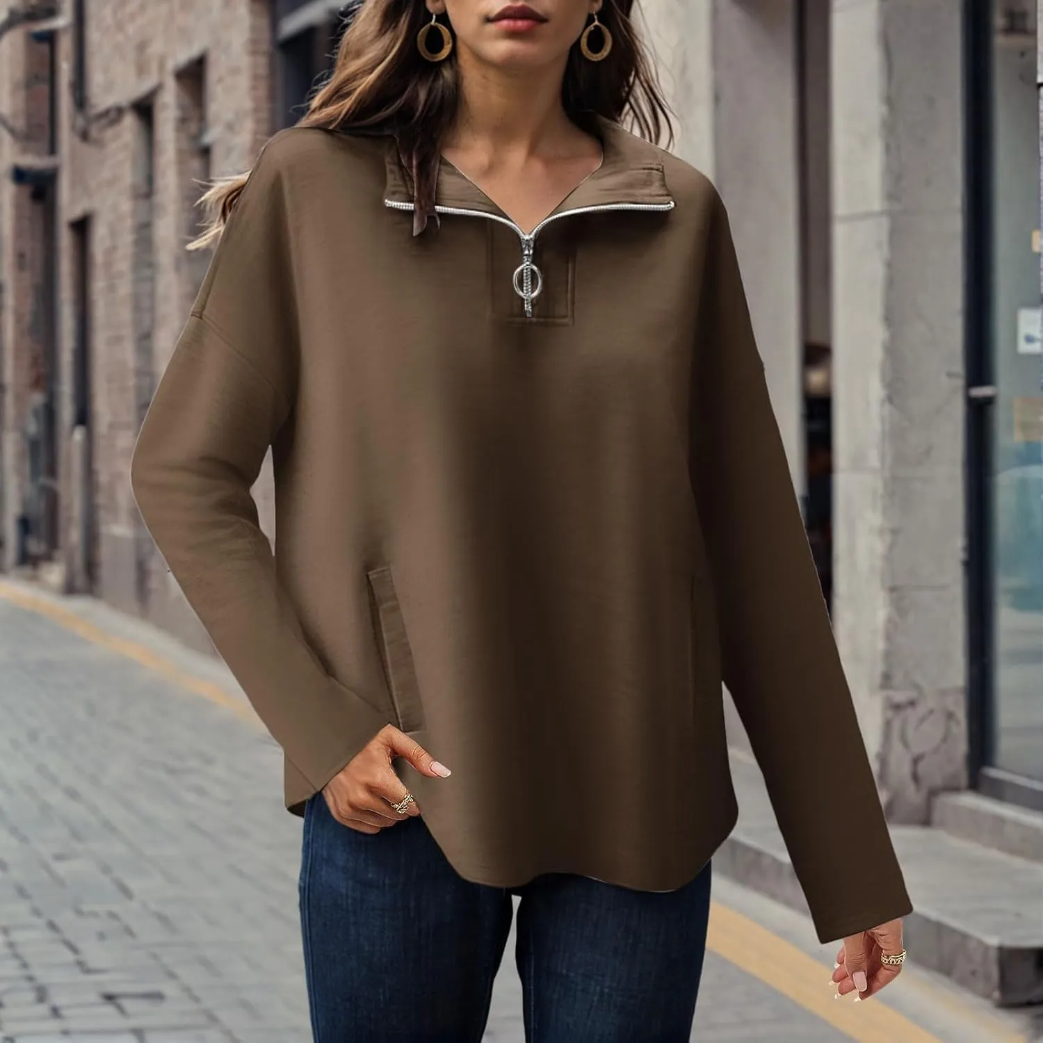 Women's Oversized Hoodies Casual Long Sleeve Half Zipper Pocket Sweatshirt Pullover Tops