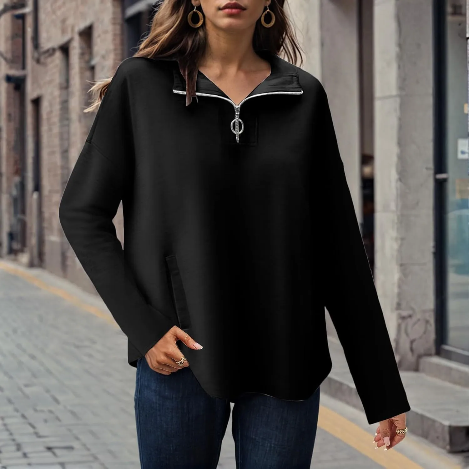 Women's Oversized Hoodies Casual Long Sleeve Half Zipper Pocket Sweatshirt Pullover Tops