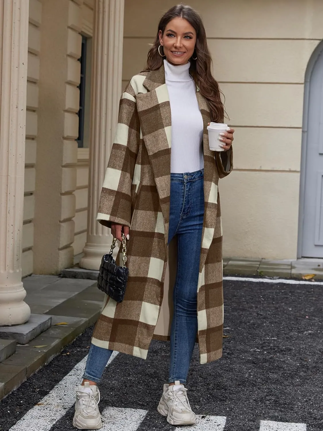 Women's Oversized Plaid Wool Coat Casual Lapel Collar Double Breasted Winter Long Pea Coat with Pockets