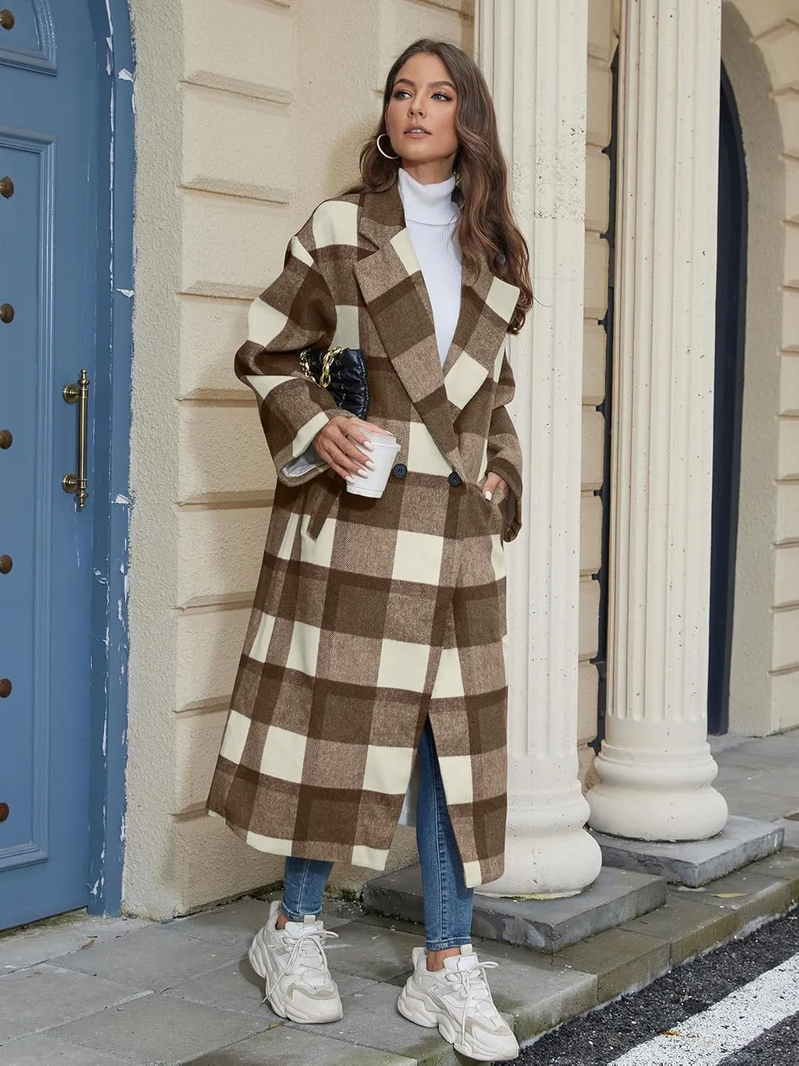 Women's Oversized Plaid Wool Coat Casual Lapel Collar Double Breasted Winter Long Pea Coat with Pockets