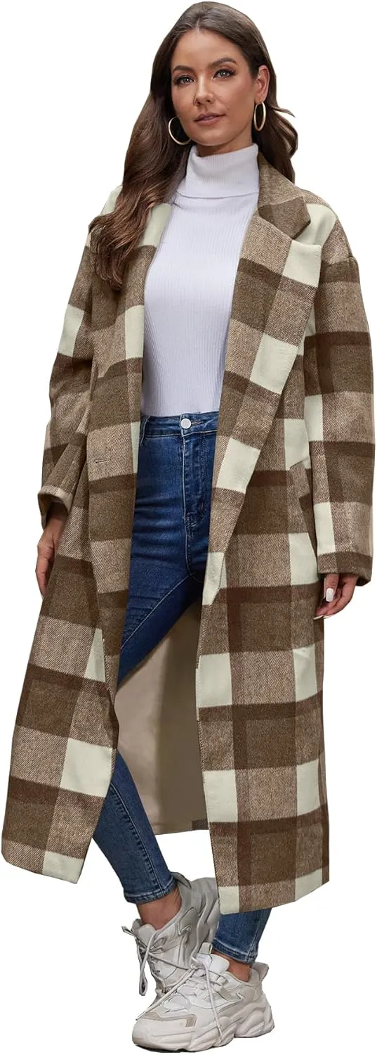 Women's Oversized Plaid Wool Coat Casual Lapel Collar Double Breasted Winter Long Pea Coat with Pockets