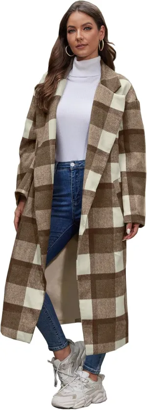 Women's Oversized Plaid Wool Coat Casual Lapel Collar Double Breasted Winter Long Pea Coat with Pockets