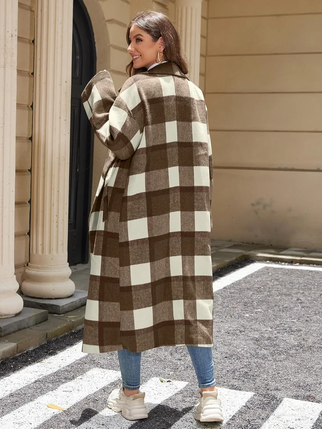 Women's Oversized Plaid Wool Coat Casual Lapel Collar Double Breasted Winter Long Pea Coat with Pockets
