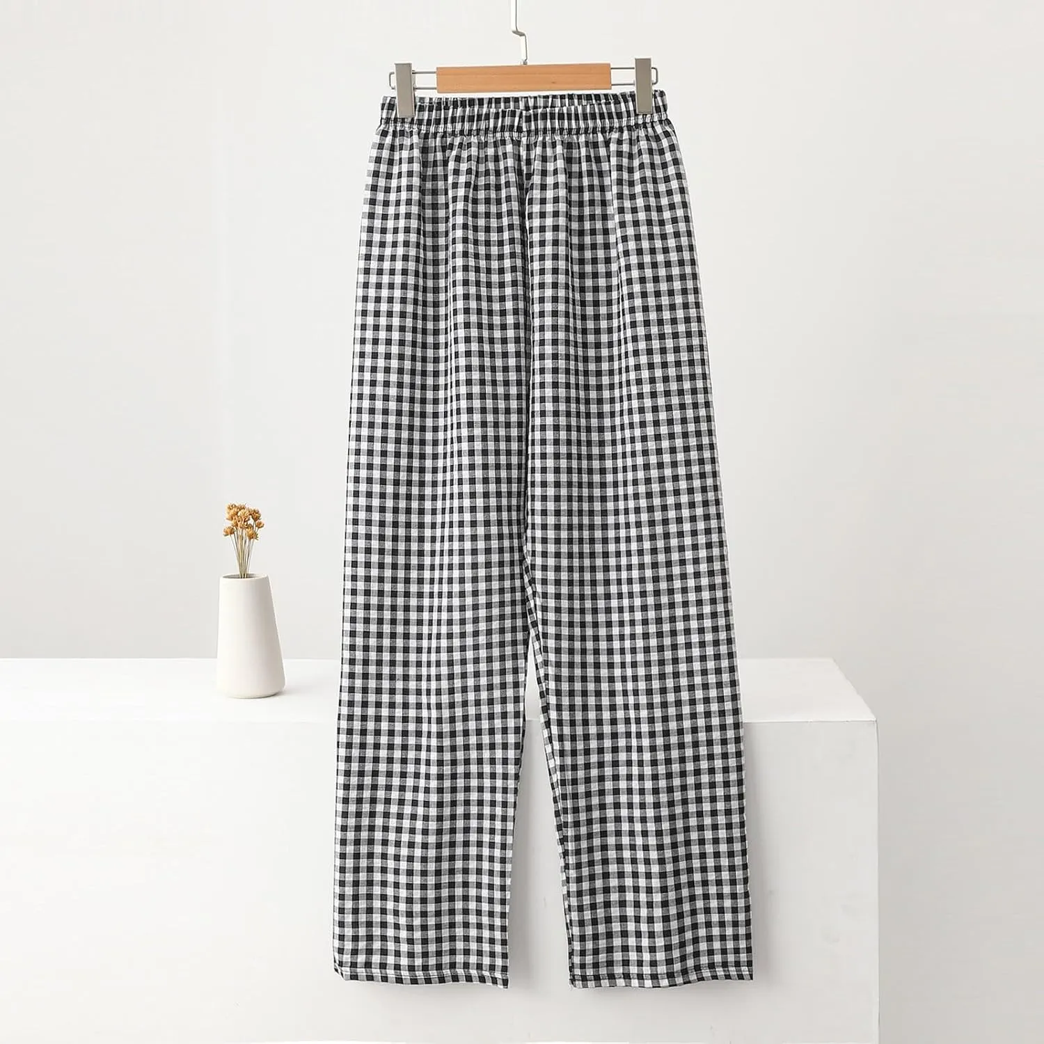 Women's Plaid Wide Leg Pants Trendy Flowy Elastic High Waist Palazzo Pants Lightweight Stretchy Soft Baggy Trousers