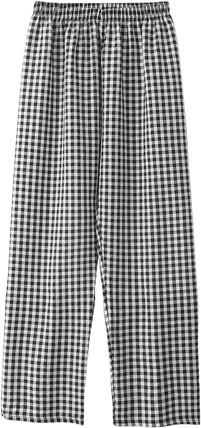 Women's Plaid Wide Leg Pants Trendy Flowy Elastic High Waist Palazzo Pants Lightweight Stretchy Soft Baggy Trousers