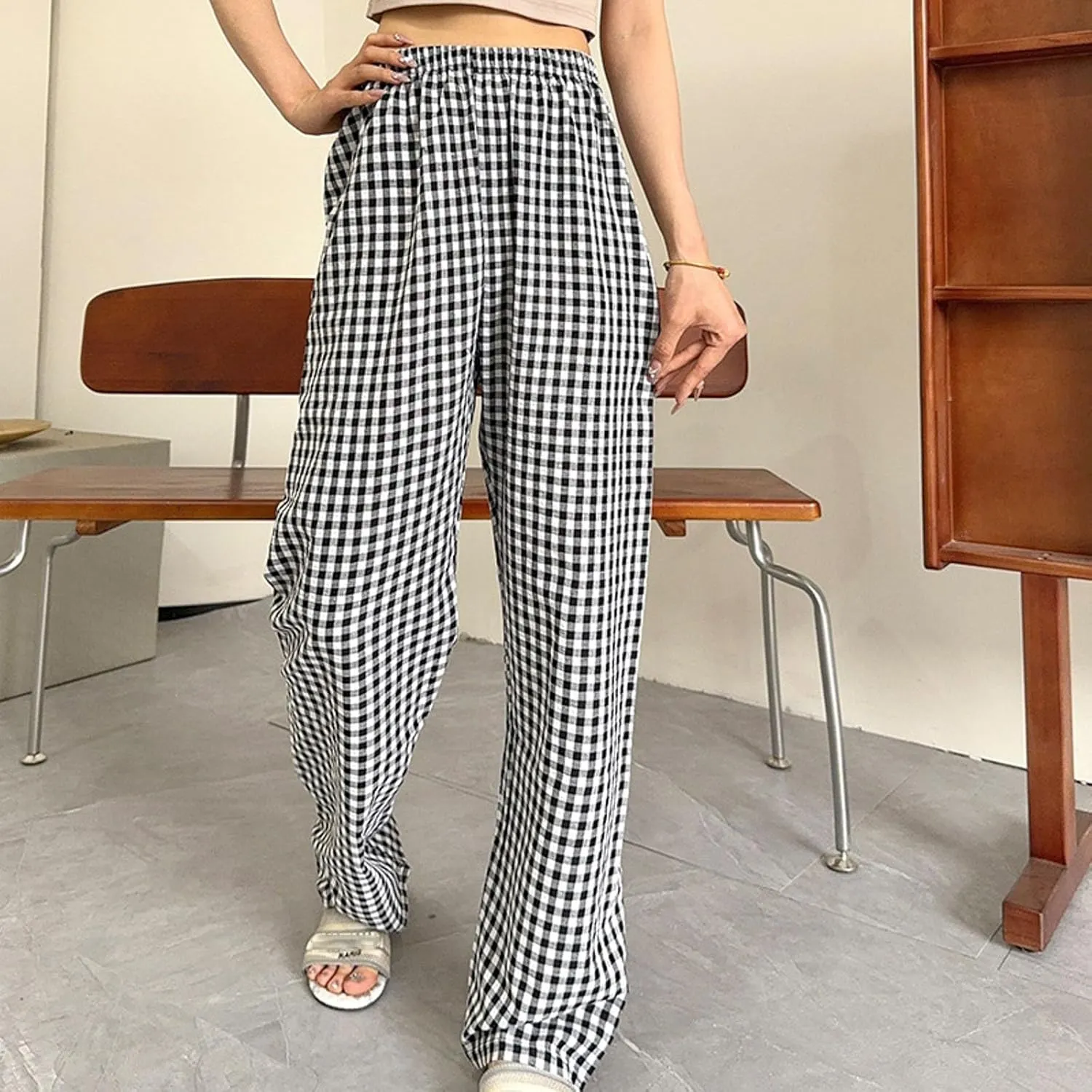 Women's Plaid Wide Leg Pants Trendy Flowy Elastic High Waist Palazzo Pants Lightweight Stretchy Soft Baggy Trousers