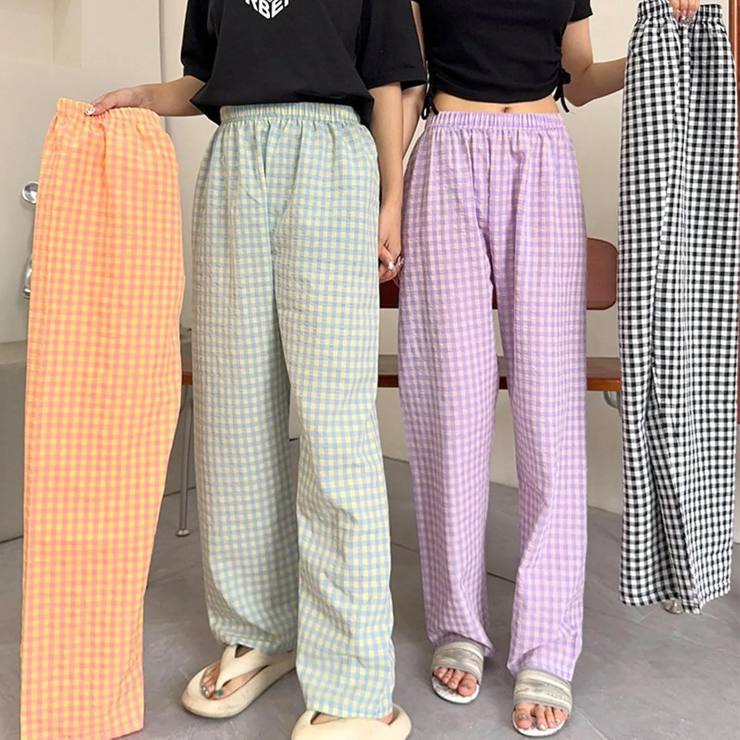 Women's Plaid Wide Leg Pants Trendy Flowy Elastic High Waist Palazzo Pants Lightweight Stretchy Soft Baggy Trousers