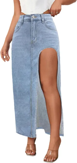 Women's Retro High Waisted Asymmetrical Midi Jean Skirts Fashion High Slit Denim Skirt