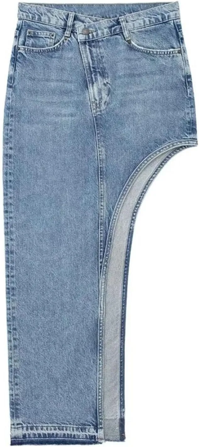 Women's Retro High Waisted Asymmetrical Midi Jean Skirts Fashion High Slit Denim Skirt