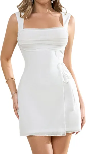 Women's Sexy Mesh Short Dress Square Neck Ruched Backless Party Cocktail Mini Dresses for 2025