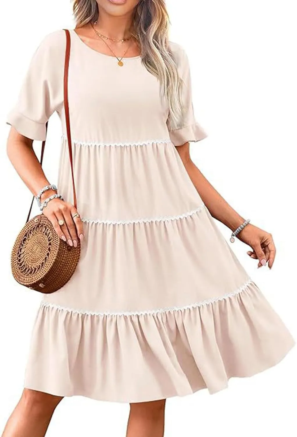 Women's Summer Flutter Short Sleeve Midi Dress Casual Crewneck Flowy Tiered Beach Vacation Fashionable Dresses