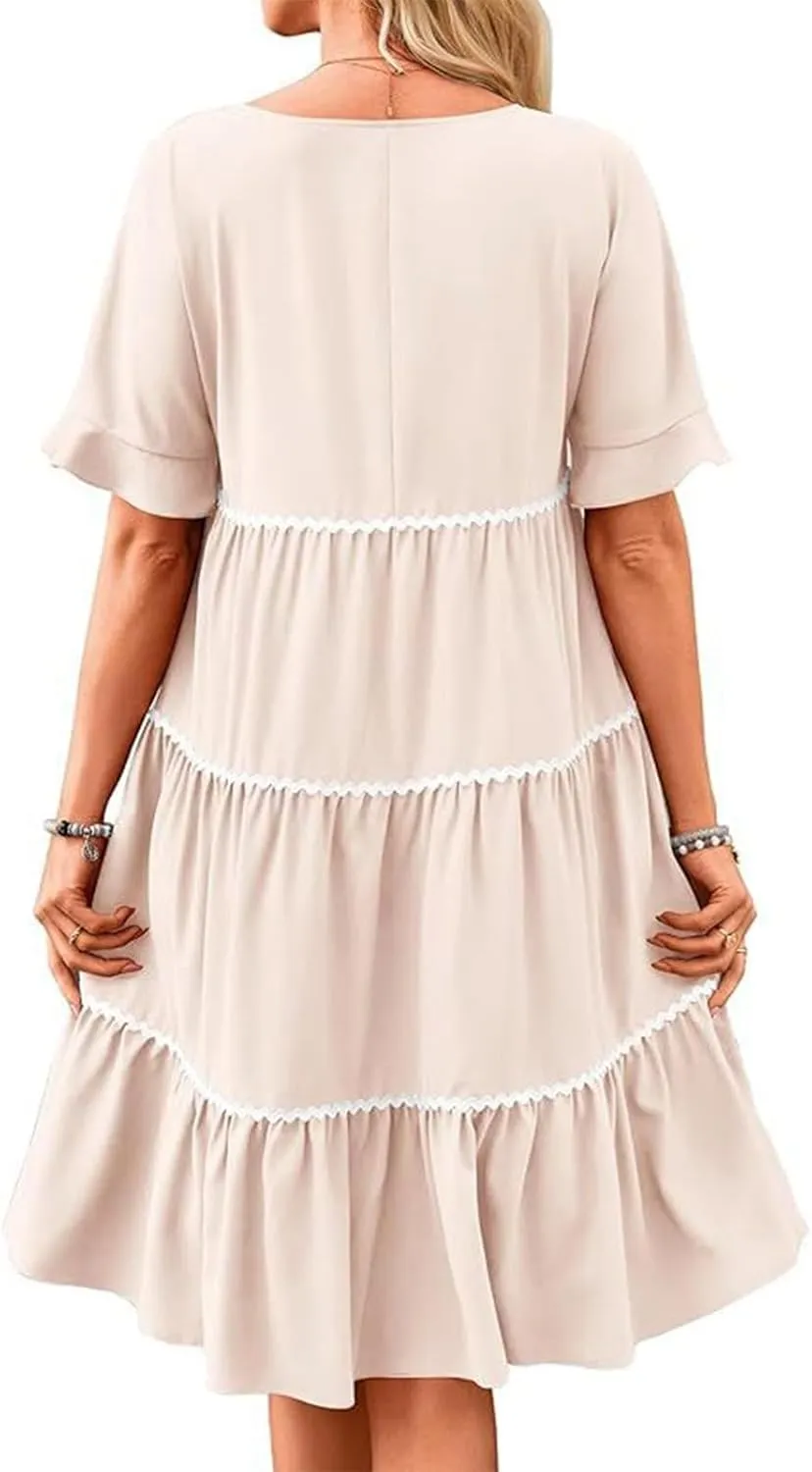 Women's Summer Flutter Short Sleeve Midi Dress Casual Crewneck Flowy Tiered Beach Vacation Fashionable Dresses