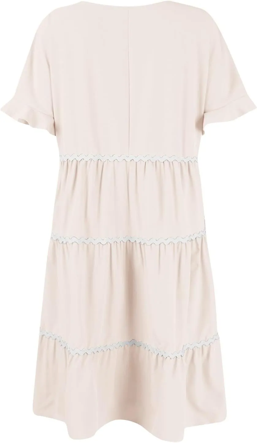 Women's Summer Flutter Short Sleeve Midi Dress Casual Crewneck Flowy Tiered Beach Vacation Fashionable Dresses