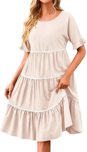 Women's Summer Flutter Short Sleeve Midi Dress Casual Crewneck Flowy Tiered Beach Vacation Fashionable Dresses