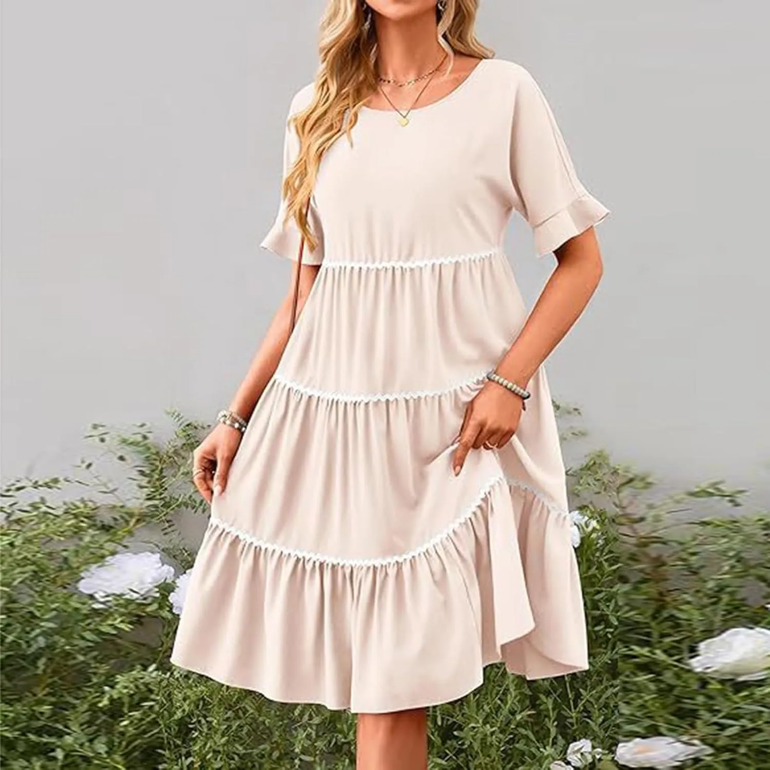 Women's Summer Flutter Short Sleeve Midi Dress Casual Crewneck Flowy Tiered Beach Vacation Fashionable Dresses