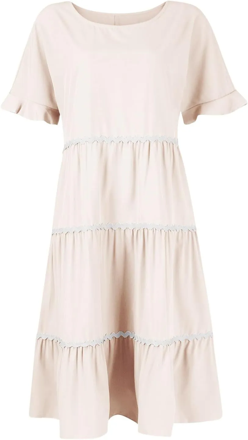Women's Summer Flutter Short Sleeve Midi Dress Casual Crewneck Flowy Tiered Beach Vacation Fashionable Dresses