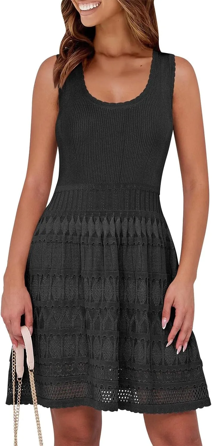 Womens Summer Mini Dress Sleeveless Scoop Neck Knit Tank Dresses Casual Knitted Crochet A Line Flowy Beach Sundress