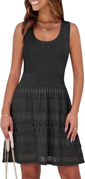 Womens Summer Mini Dress Sleeveless Scoop Neck Knit Tank Dresses Casual Knitted Crochet A Line Flowy Beach Sundress