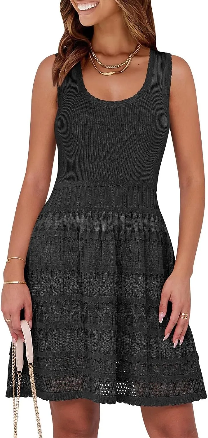 Womens Summer Mini Dress Sleeveless Scoop Neck Knit Tank Dresses Casual Knitted Crochet A Line Flowy Beach Sundress