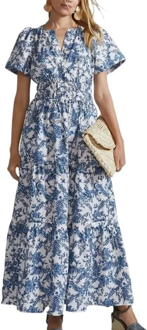 Women's Waist Cinching Retro Printed Dress, Fashionable Bohemian Long Skirt