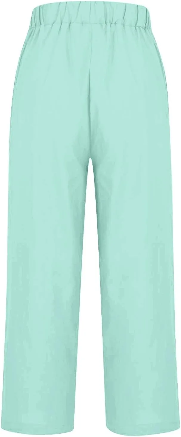 Womens Wide Leg Pants Fashionable Simple Casual Loose Pants Drawstring Loose Fit Summer Trousers Long Linen