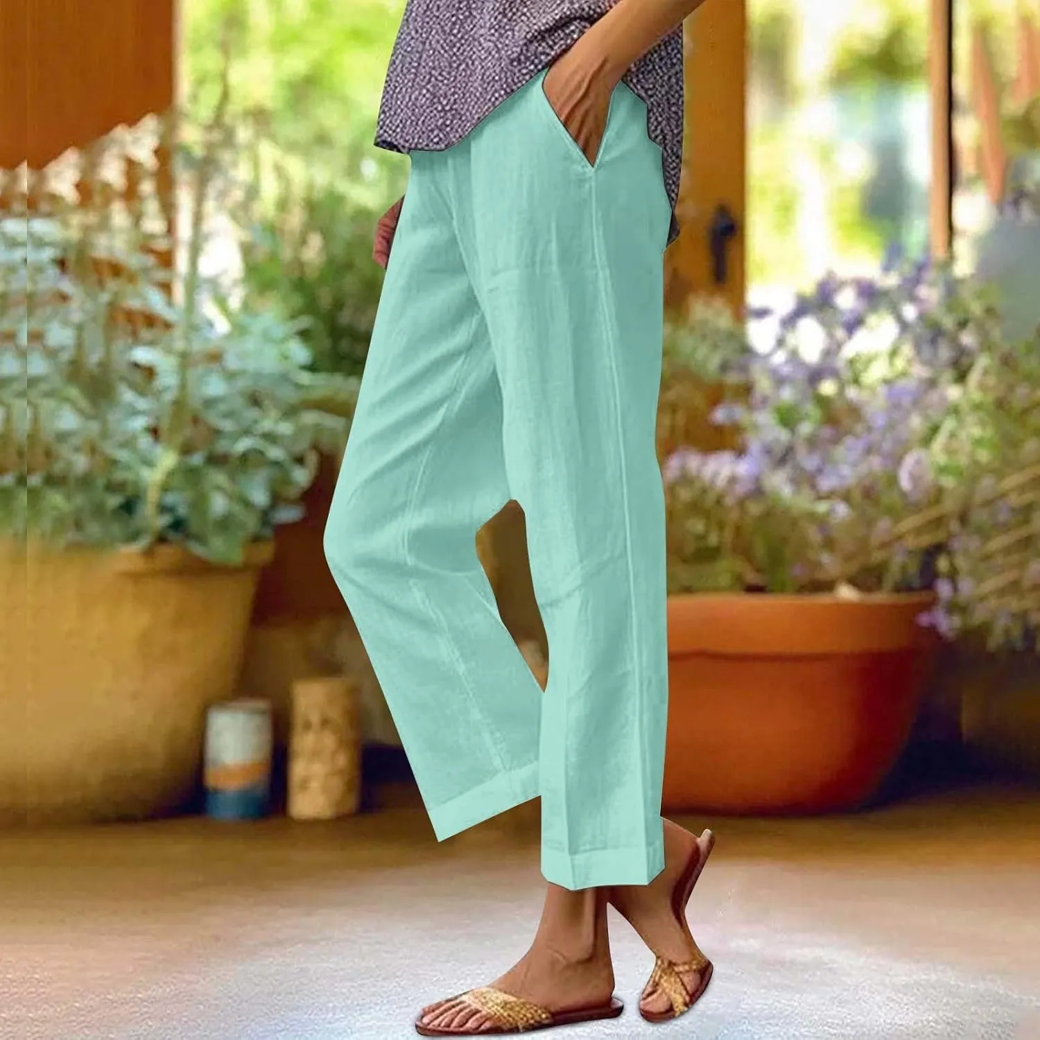 Womens Wide Leg Pants Fashionable Simple Casual Loose Pants Drawstring Loose Fit Summer Trousers Long Linen