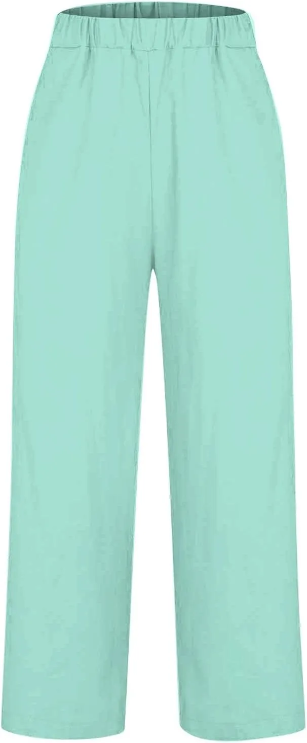 Womens Wide Leg Pants Fashionable Simple Casual Loose Pants Drawstring Loose Fit Summer Trousers Long Linen