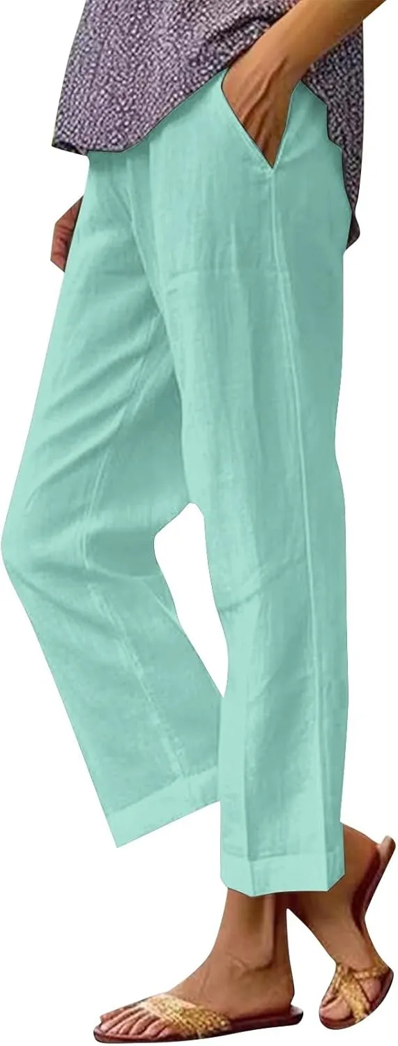 Womens Wide Leg Pants Fashionable Simple Casual Loose Pants Drawstring Loose Fit Summer Trousers Long Linen