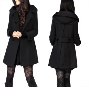 Woolen Double Button Hooded Slim Long Coats
