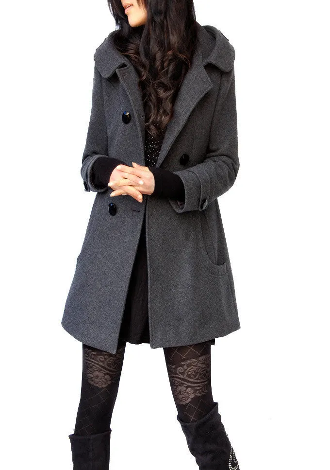 Woolen Double Button Hooded Slim Long Coats