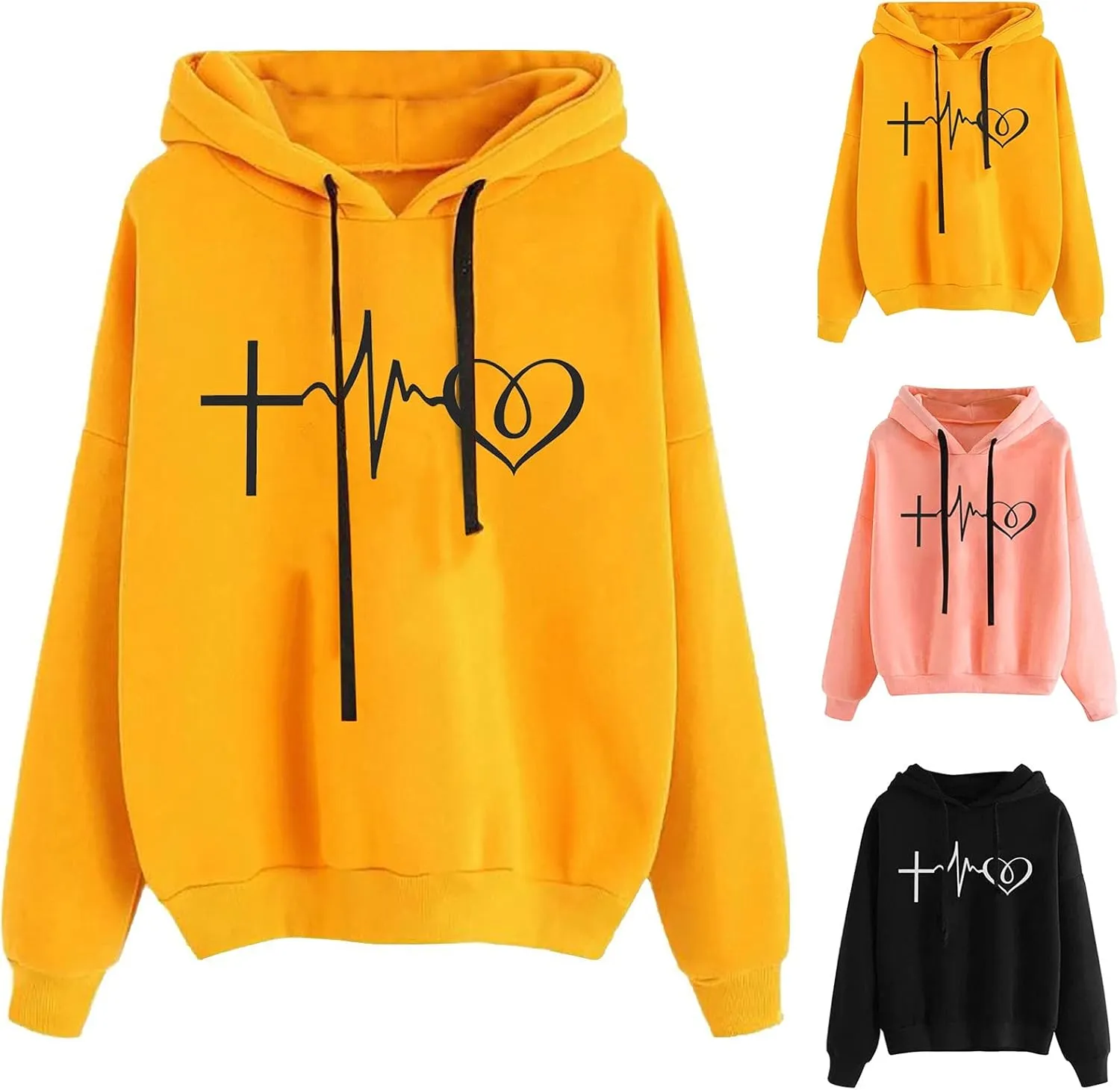 YRAETENM Heart Graphic Hoodies for Women casual Long Sleeve drawstring Pullover Tops oversized comfy sweatshirts with Pocket