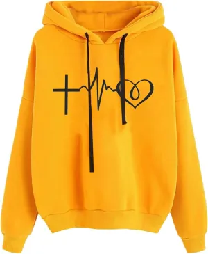 YRAETENM Heart Graphic Hoodies for Women casual Long Sleeve drawstring Pullover Tops oversized comfy sweatshirts with Pocket